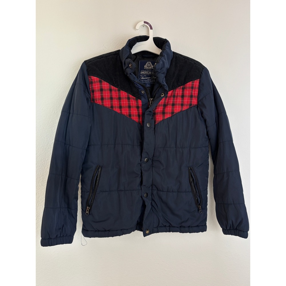 American Rag Cie Mens Puffer Jacket Navy Blue Red Plaid Corduroy Yoke Small